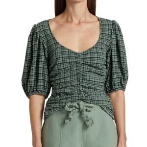 Ganni V-Neck Ruched Checked Seersucker Blouse - Size 40 (Large)